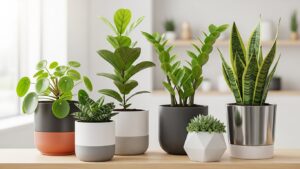 Variety of compact indoor plants in stylish pots on wooden table