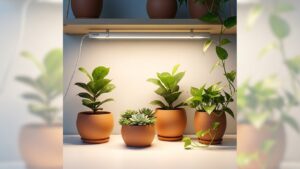 Indoor plants under grow light on a shelf for optimal growth