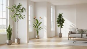 Elegant large indoor plants in a bright modern living room