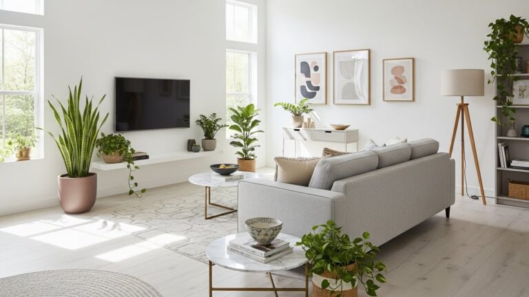 Stylish low-maintenance living room with plants and modern decor