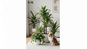 Indoor plants with a dog in a modern living room