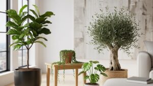 Indoor plants in stylish pots by a window in modern apartment