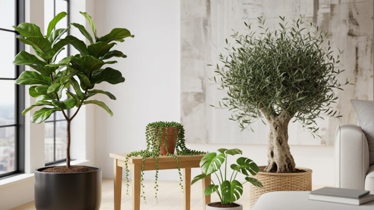 Indoor plants in stylish pots by a window in modern apartment
