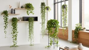 Modern indoor space showcasing various trending trailing plants 2025