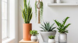 Water-wise indoor plants including snake plant, succulents, and ZZ plant in modern containers