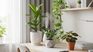 Home office desk with various indoor plants and natural light, 2025 WFH plant trends.
