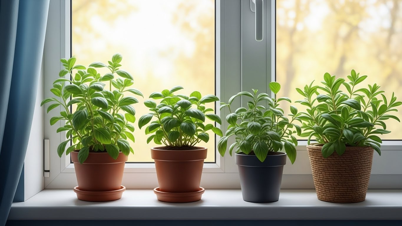Potted herbs growing on a sunny windowsill indoors