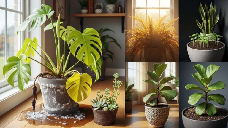 Common plant care mistakes in a beginner's home with indoor plants by window.