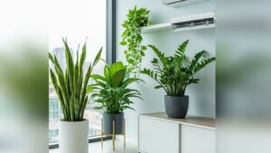 Air-conditioning tolerant plants in a modern workspace by a window.