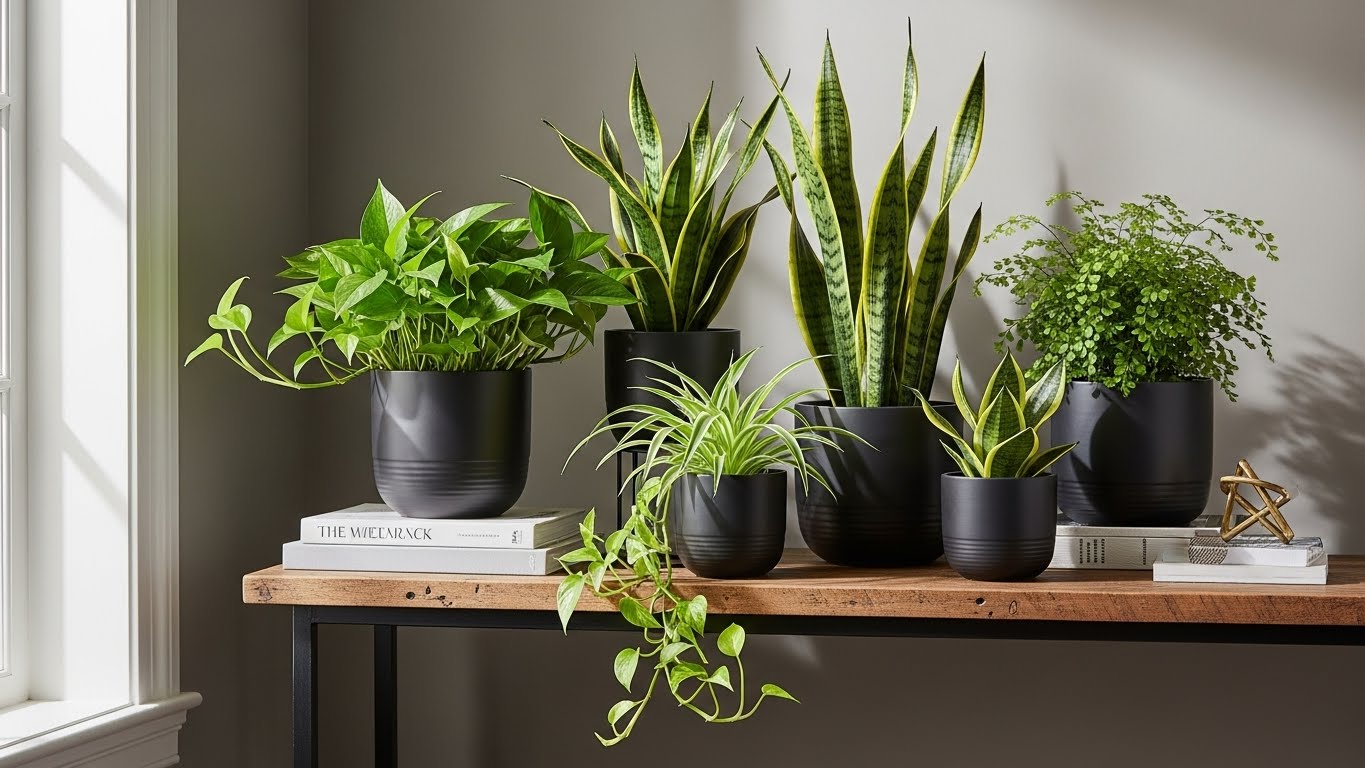 Stylish black planters with lush indoor plants on wooden table