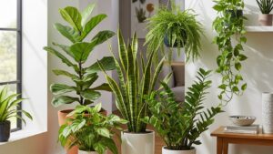 Variety of air purifying indoor plants in a bright room