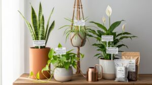 Indoor plants like snake plant, pothos, and peace lily for air purification on a table.