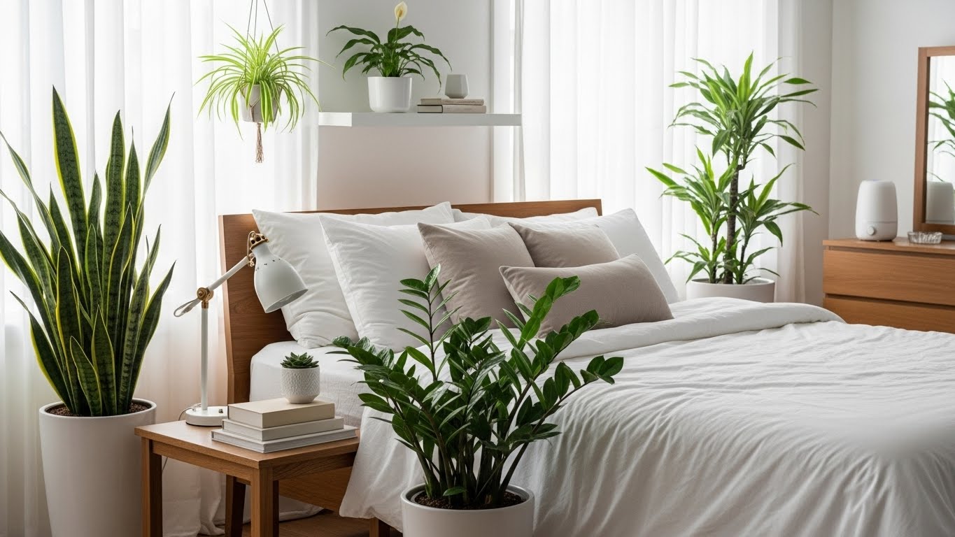 Air purifying plants in bedroom with bright natural light