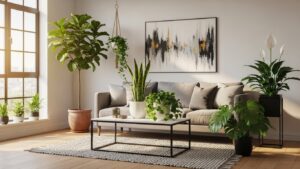 Modern living room with air purifying indoor plants and large windows