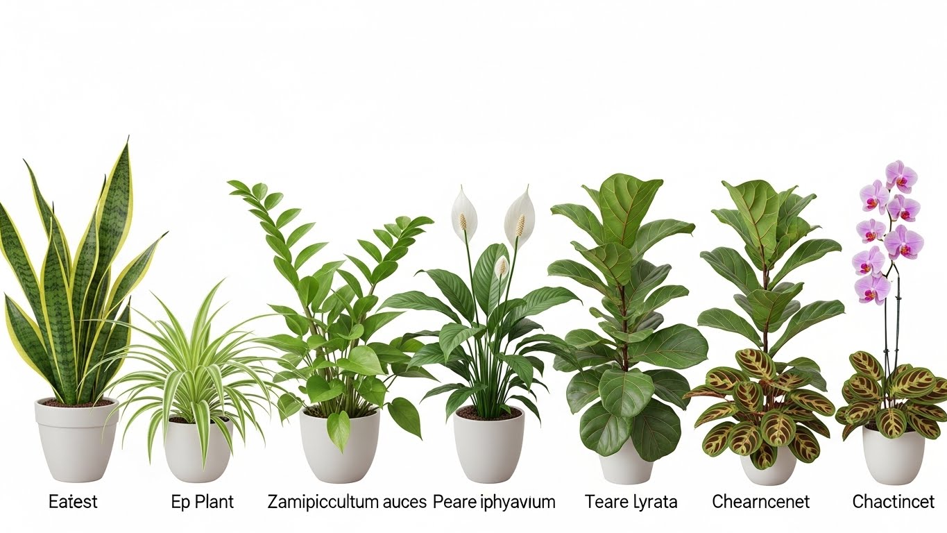 Air-purifying plants in pots, including snake plant, peace lily, and orchid