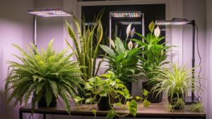 Indoor air purifying plants under LED grow lights on a table