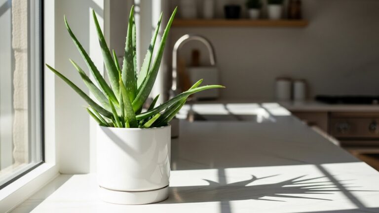 Aloe vera plant in a bright kitchen window, symbolizing modern aloe vera care.