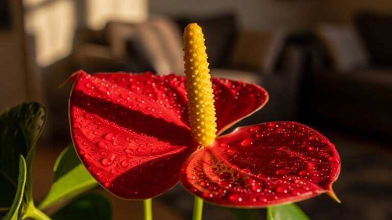 Close-up of a vibrant red anthurium flower showcasing blooming season details