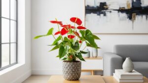 Flamingo flower, Tropical Anthurium plant with vibrant red blooms indoors