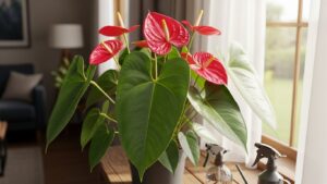 Vibrant anthurium plant in a cozy indoor setting, showcasing glossy leaves and red flowers.