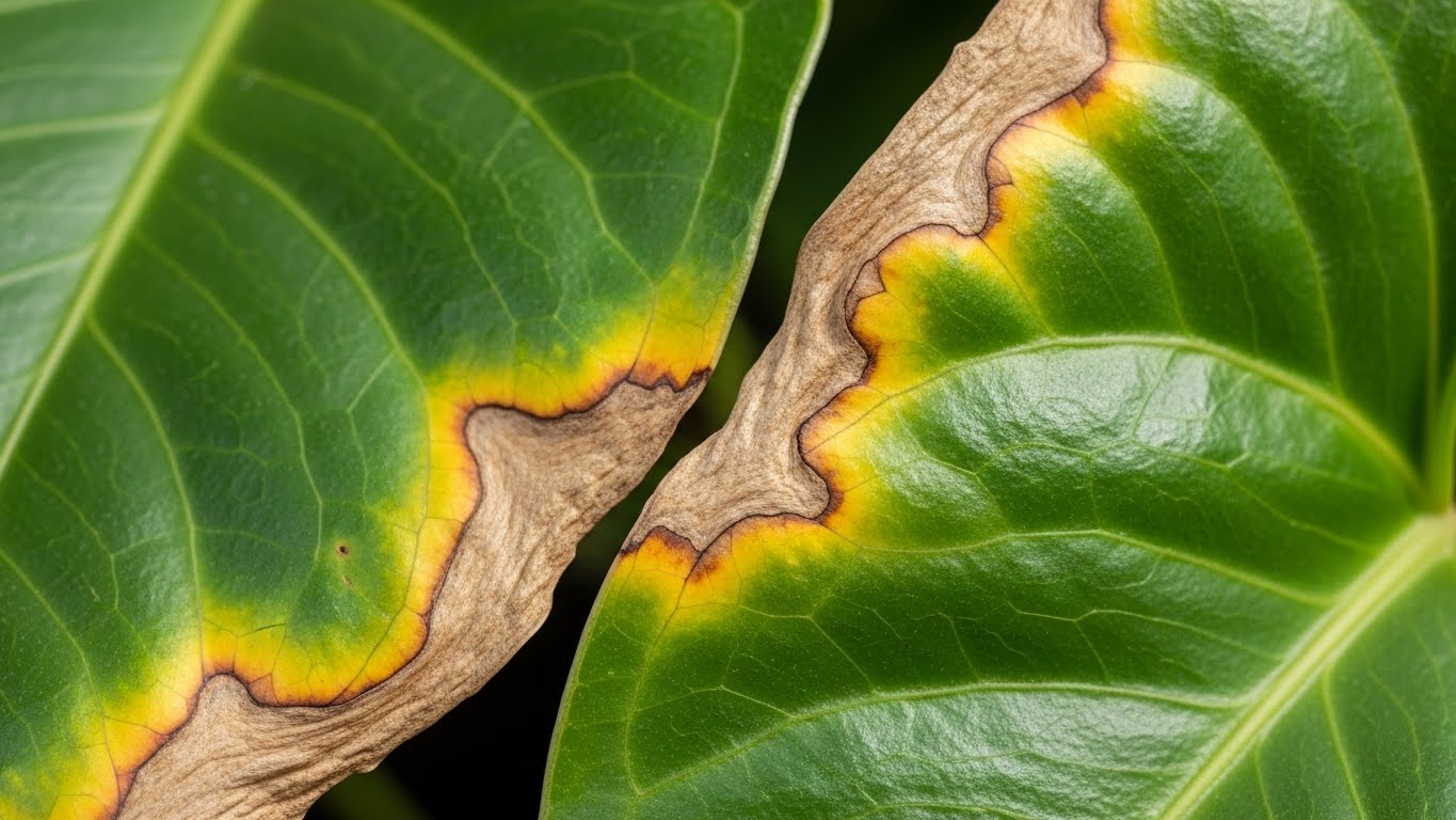 Close-up of anthurium leaves with brown edges and yellow discoloration, indicating plant health issues.