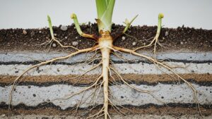 Anthurium roots showing signs of rot in soil layers.