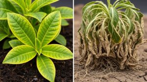 Healthy and wilted anthurium plants side by side for moisture comparison