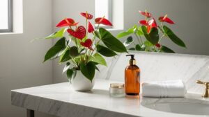 Anthurium plant thriving in a stylish bathroom setting with modern decor.