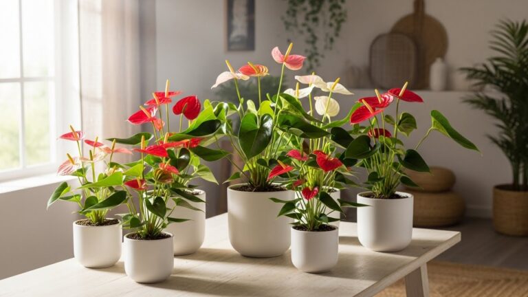 Colorful Anthurium plants in white pots enhancing indoor air quality.