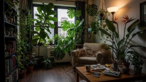 Cozy apartment interior filled with large potted plants and natural light