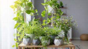 Indoor plants on wooden table in sunny apartment, featuring fast-growing varieties.