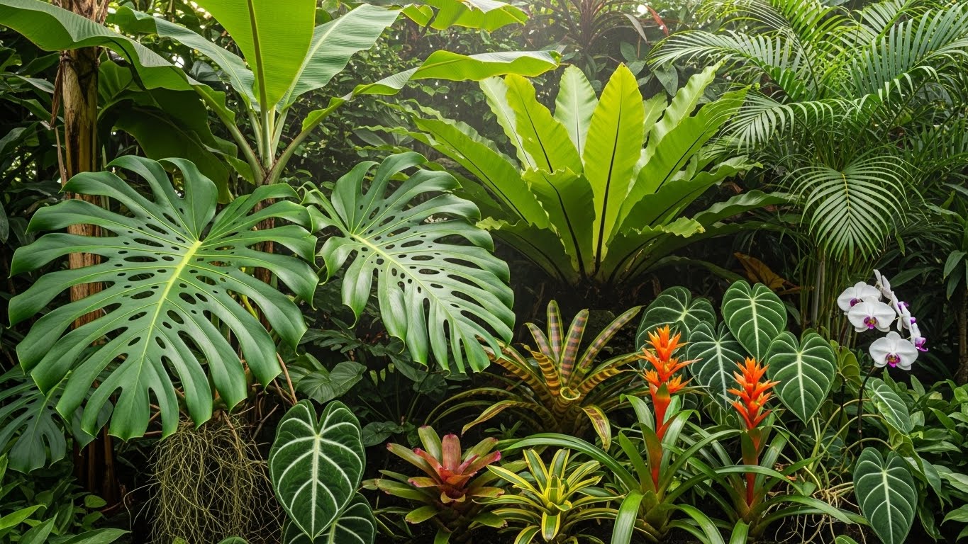 Variety of lush tropical plants including monstera, palms, and orchids.