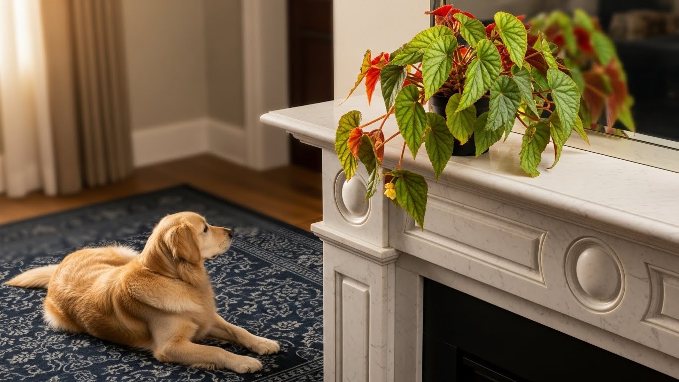 Golden retriever dog near a begonia plant on a fireplace mantle
