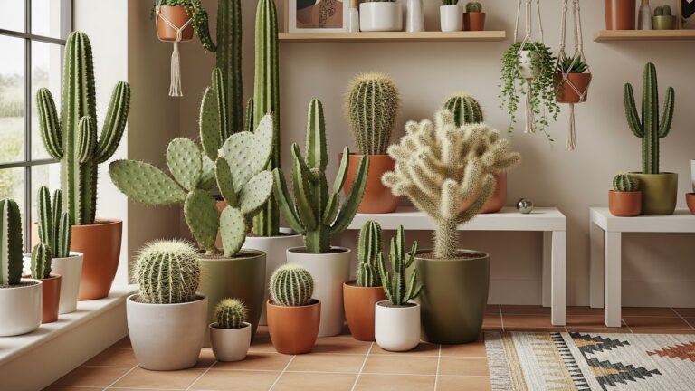 Indoor cacti collection displayed on shelves and tables near a large window