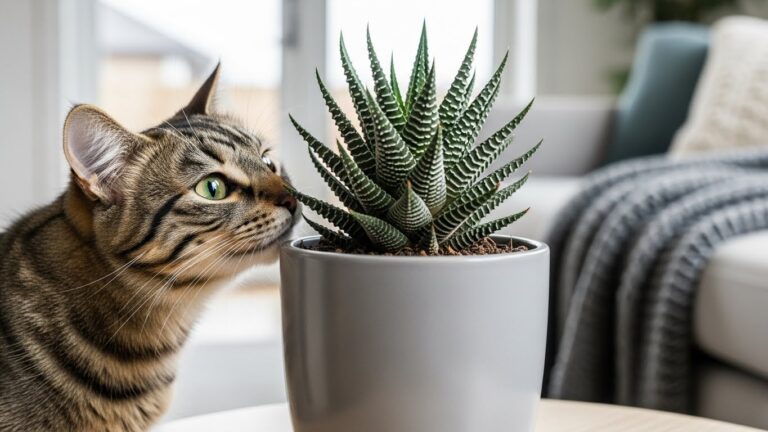 Cat sniffing a succulent plant in a modern living room setting.