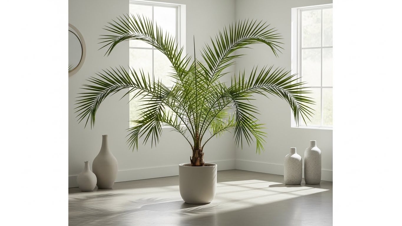 Indoor areca palm in a white pot with sunlight filtering through windows