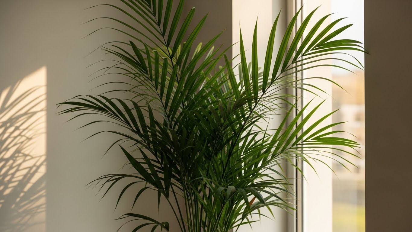 Areca palm by a sunlit window, showcasing light requirements
