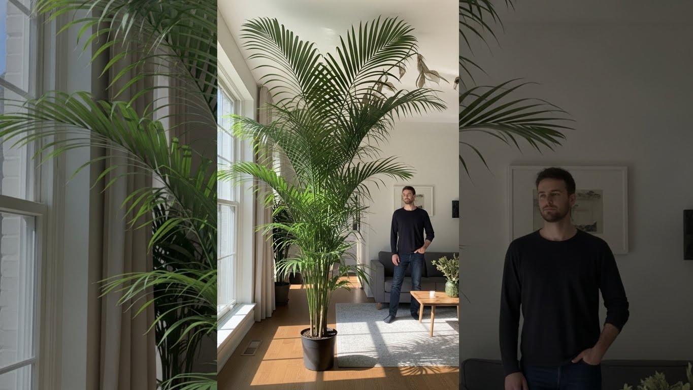 Areca palm in living room, safe for pets, with natural light through window