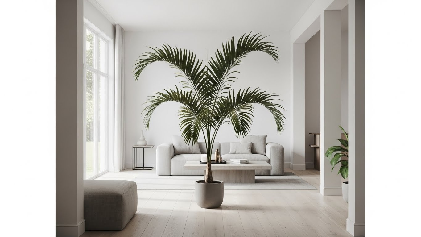 Areca palm in modern living room with natural light and minimal decor