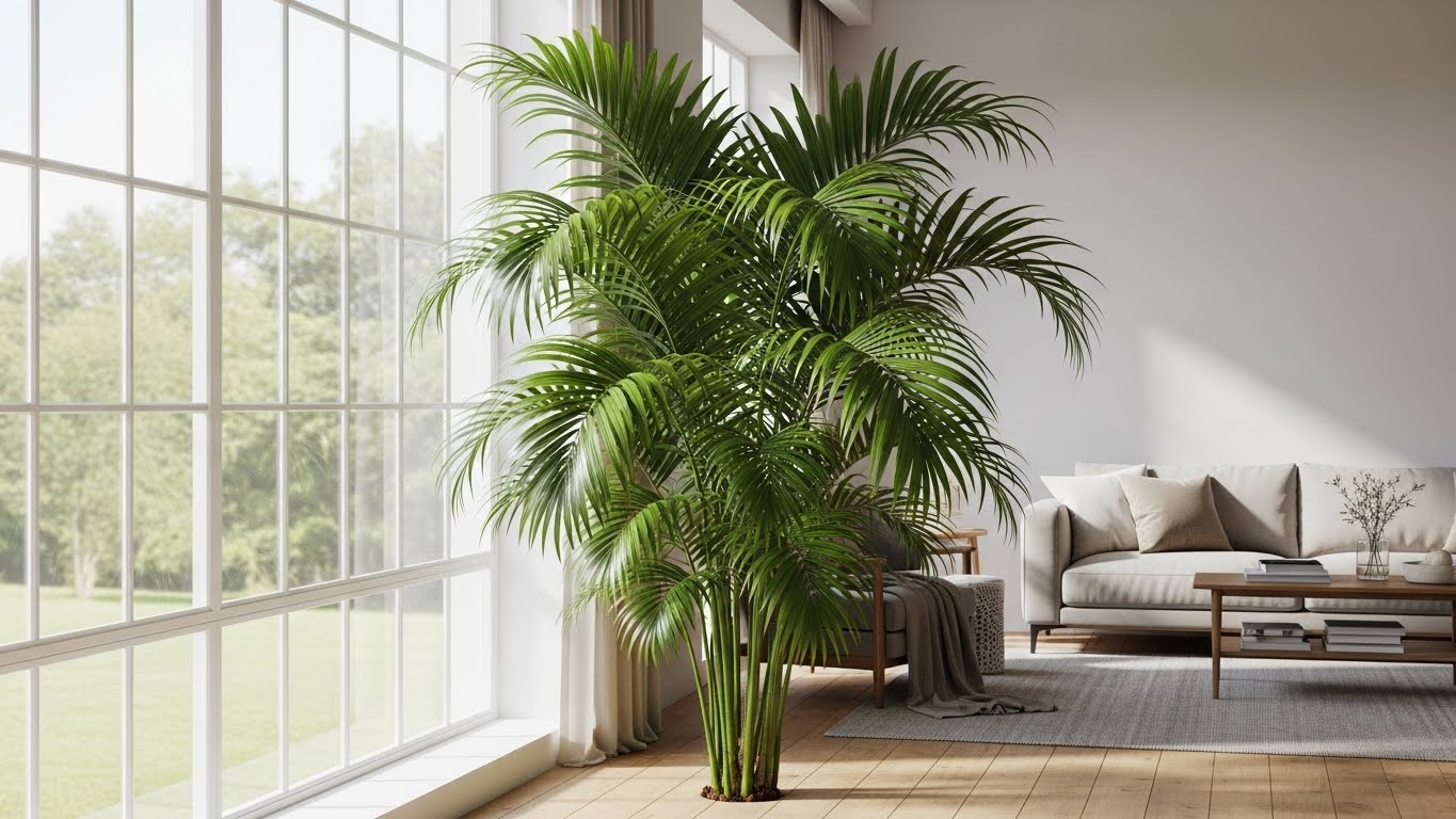 Areca palm in well-lit office space near large window