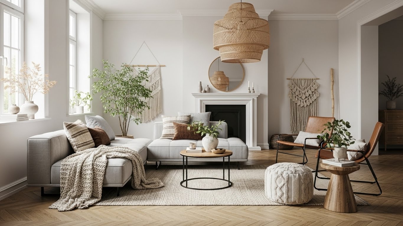 Stylish modern living room with indoor plants and minimalist decor for a green lifestyle.