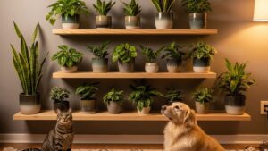 Indoor low light plants on shelves with cat and dog nearby, avoiding legginess