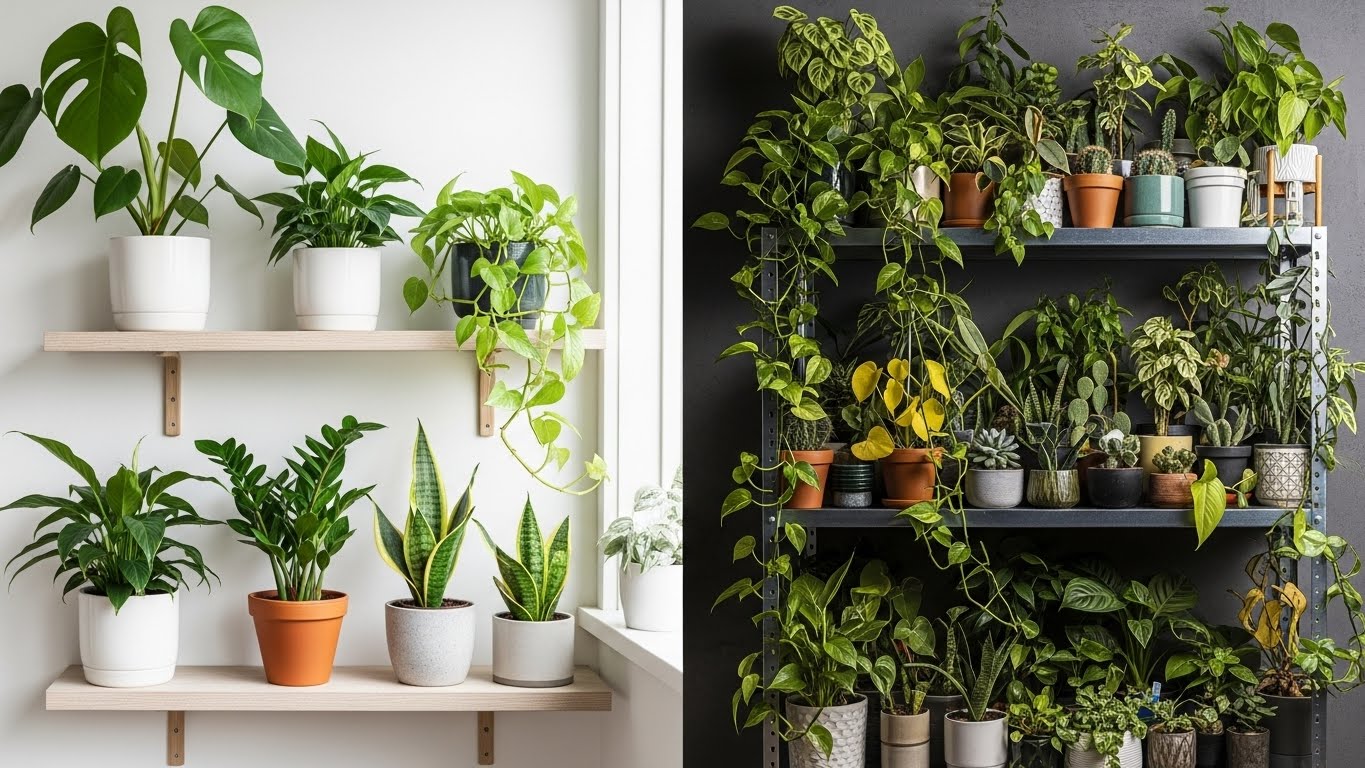 Two plant shelves; one minimal with a few plants, another crowded with diverse plants.