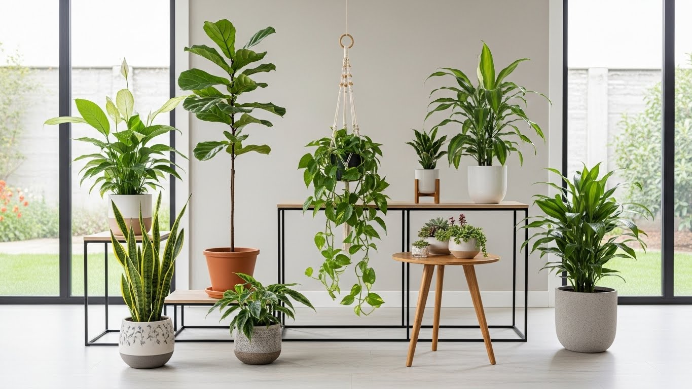 Modern interior with diverse houseplants arranged in minimalist style.