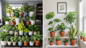 Indoor shelving with a variety of houseplants illustrating plant placement strategies.