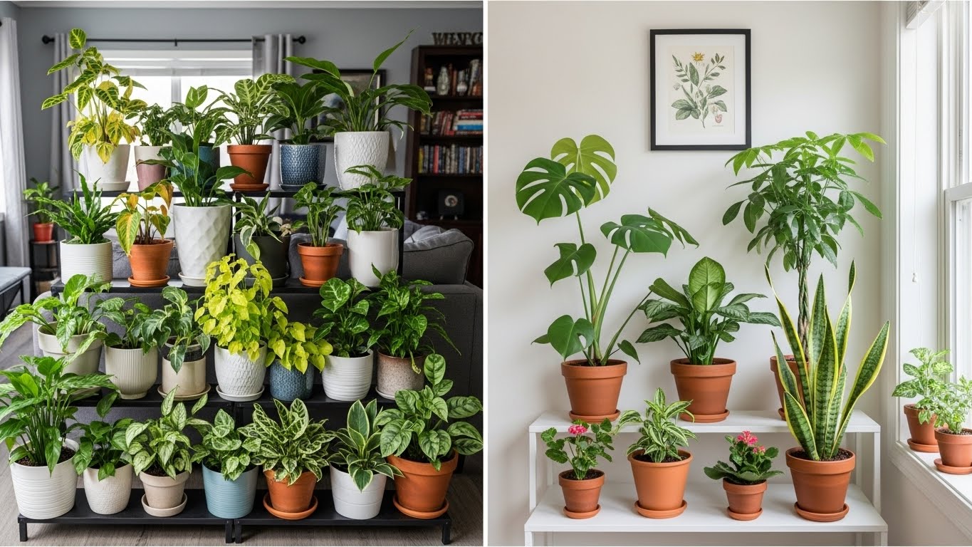 Indoor shelving with a variety of houseplants illustrating plant placement strategies.