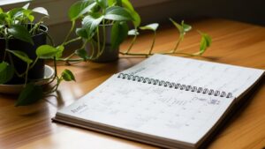 Open calendar with potted plant, setting up a plant care schedule.