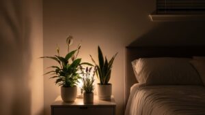 Peace Lily, Lavender, and Snake Plant on a nightstand for better sleep