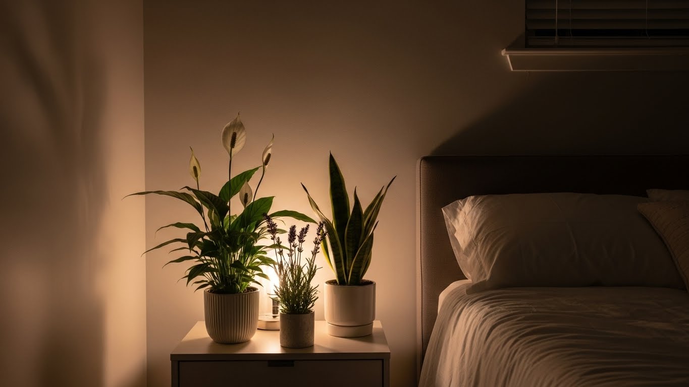 Peace Lily, Lavender, and Snake Plant on a nightstand for better sleep