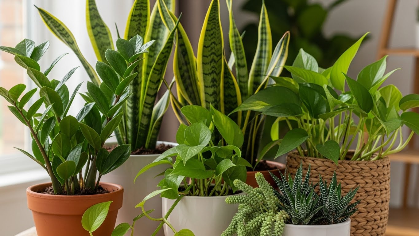 Beginner-friendly houseplants including snake plant and pothos